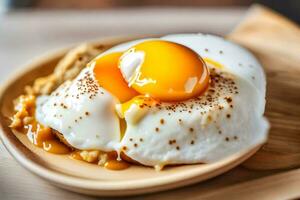 an egg on a plate with a spoon. AI-Generated photo