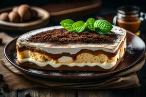 a slice of tiramisu dessert on a plate. AI-Generated photo