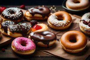 un manojo de rosquillas en un mesa. generado por ai foto