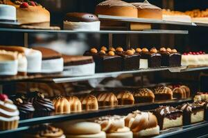 many different types of cakes are on display in a bakery. AI-Generated photo