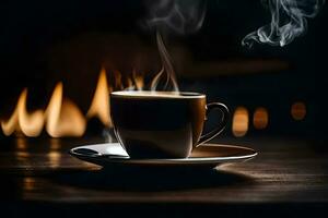 a cup of coffee with smoke coming out of it. AI-Generated photo