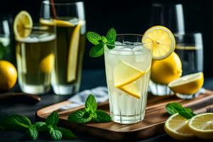 lemonade in glasses with ice and mint leaves. AI-Generated photo