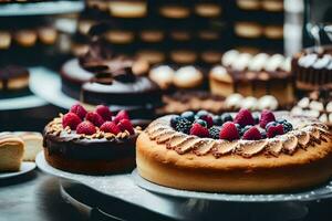 a variety of cakes are on display in a bakery. AI-Generated photo