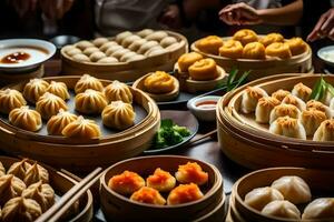a table full of dumplings and other food. AI-Generated photo