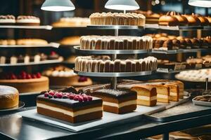 many different types of cakes are on display in a bakery. AI-Generated photo