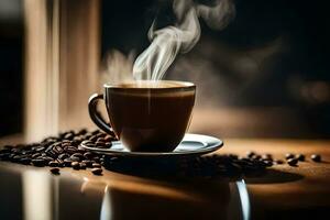 a cup of coffee is steaming on a table with coffee beans. AI-Generated photo