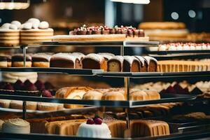 many different types of cakes are on display in a bakery. AI-Generated photo