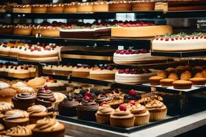 many different types of cakes are on display in a bakery. AI-Generated photo