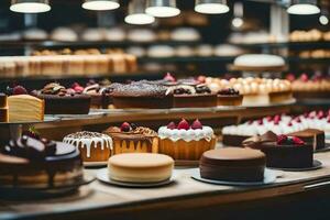 un variedad de pasteles son en monitor en un panadería. generado por ai foto