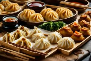 a variety of dumplings and other food on a wooden tray. AI-Generated photo