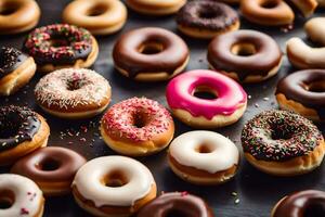 un variedad de rosquillas son arreglado en un mesa. generado por ai foto