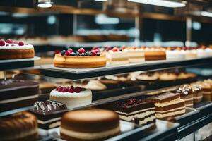 many different types of cakes are on display in a bakery. AI-Generated photo