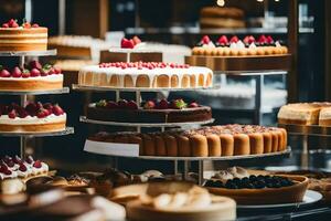 many different types of cakes are on display in a bakery. AI-Generated photo