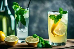 limonada en un vaso con hielo y menta. generado por ai foto