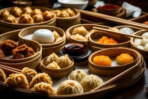 a variety of dumplings and other food on a wooden tray. AI-Generated photo