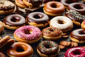 muchos diferente tipos de rosquillas son mostrado en un mesa. generado por ai foto