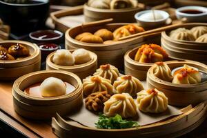 a variety of dumplings are arranged in bamboo baskets. AI-Generated photo