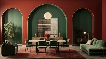 elegante vivo habitación con verde y rojo pared cubierta, presentando un mesa y sillas, adornado con arqueado puertas y un soñador color paleta. ai generado foto