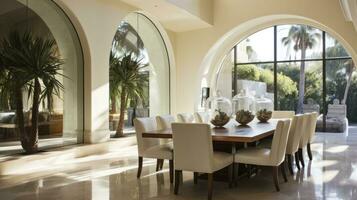 Contemporary Mediterranean Dining Area with Elegant Arched Ceilin. AI Generated photo