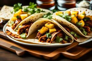 three tacos with pineapple and cilantro on a plate. AI-Generated photo