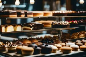 many different types of cakes are on display in a bakery. AI-Generated photo