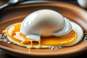 an egg is sitting on top of a bowl of syrup. AI-Generated photo