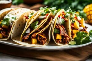 three tacos with meat and pineapple on a plate. AI-Generated photo