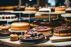 many different types of cakes are on display in a bakery. AI-Generated photo