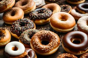 a bunch of donuts are arranged on a table. AI-Generated photo