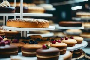 many different types of cakes are on display in a bakery. AI-Generated photo