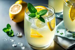 two glasses of lemonade with mint leaves and lemons. AI-Generated photo