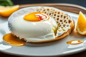 an egg on a waffle with a slice of lemon. AI-Generated photo