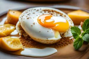 an egg is on a plate with a slice of bread. AI-Generated photo