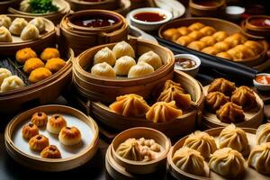 many different types of dumplings are arranged in baskets. AI-Generated photo