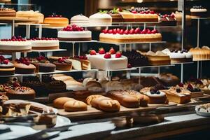 a display of cakes and pastries in a restaurant. AI-Generated photo