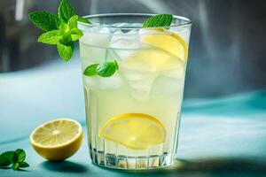 a glass of lemonade with mint leaves and slices of lemons. AI-Generated photo