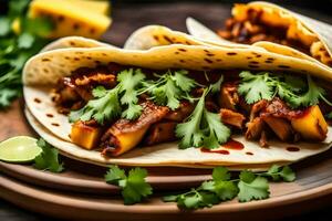 two tacos with pineapple and cilantro on a plate. AI-Generated photo