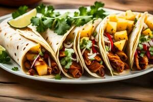 three tacos with pineapple, meat and cilantro. AI-Generated photo