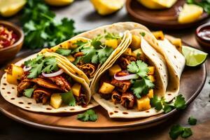 chicken tacos with pineapple and cilantro on a wooden plate. AI-Generated photo