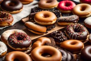 un manojo de rosquillas en un mesa. generado por ai foto