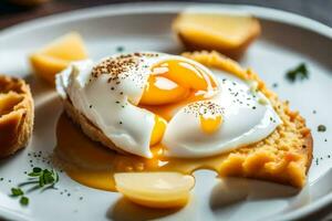 an egg on a plate with potatoes and parsley. AI-Generated photo