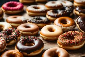 a large number of donuts on a wooden table. AI-Generated photo