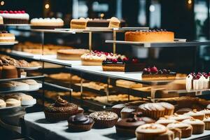 many different types of cakes are on display in a bakery. AI-Generated photo