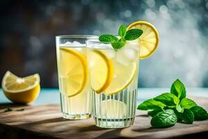 two glasses of lemonade with mint leaves and lemons. AI-Generated photo