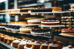 many different types of cakes are on display in a bakery. AI-Generated photo