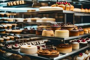 many different types of cakes are on display in a bakery. AI-Generated photo