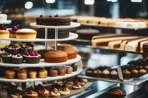 many different types of cakes are on display in a bakery. AI-Generated photo