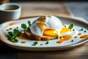 an egg on toast with a spoon and a cup of coffee. AI-Generated photo