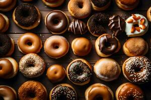 a large group of donuts on a table. AI-Generated photo