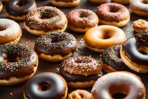 a large group of donuts with sprinkles. AI-Generated photo